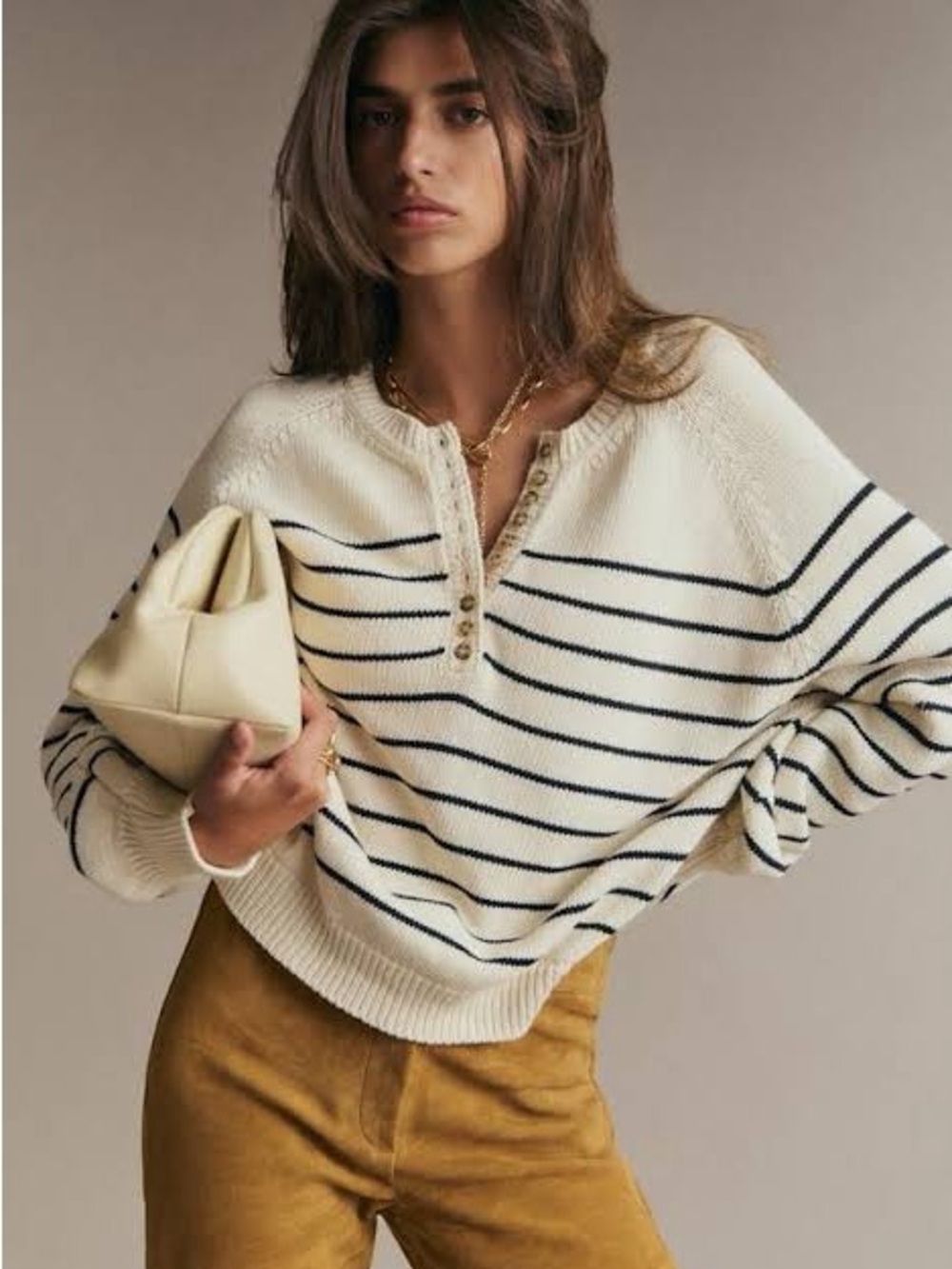Cream & Navy Striped V-Neck Button Pullover Sweater - Women